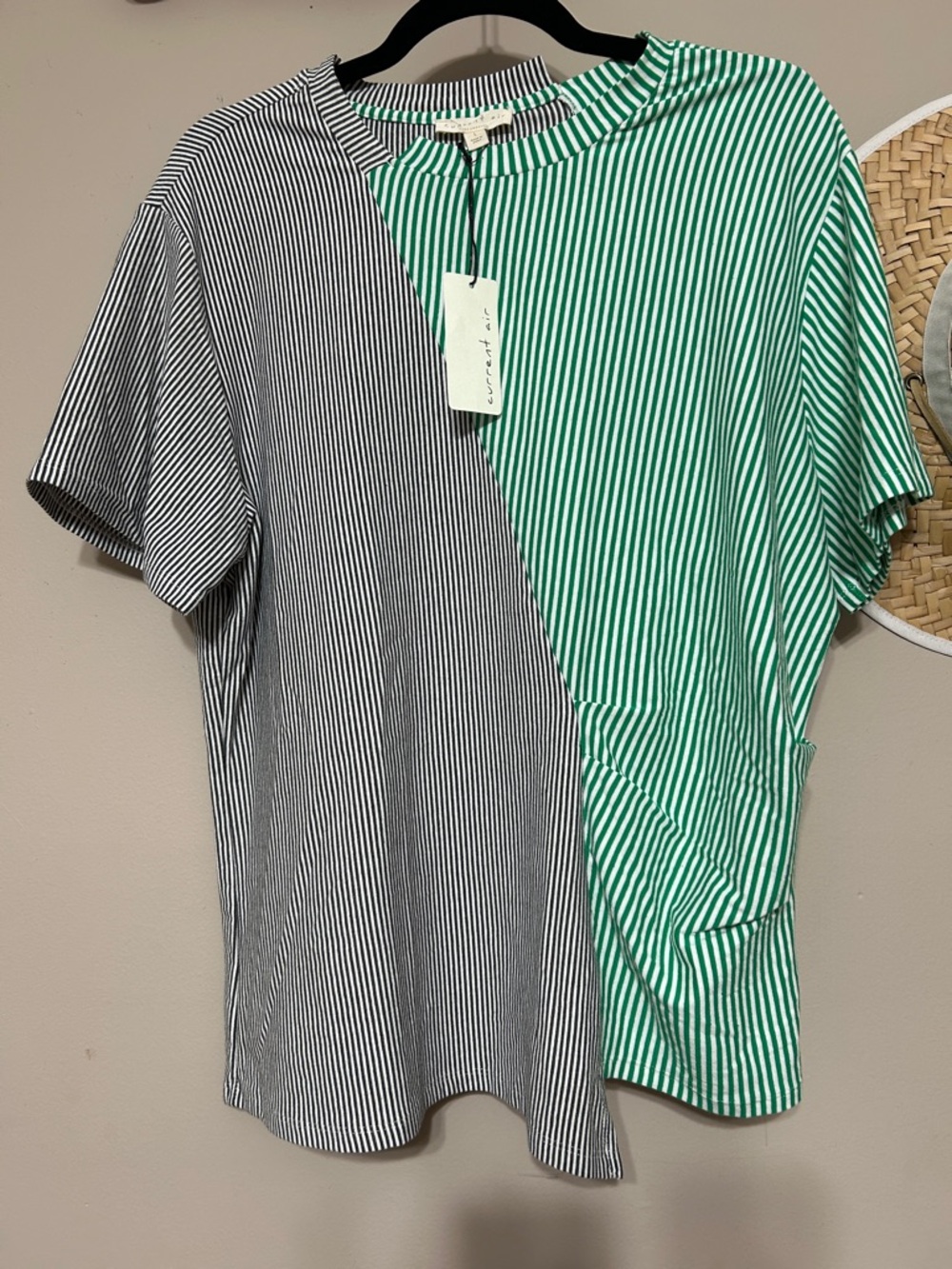Current Air Half-and-Half Striped Short Sleeve Shirt in Green & Black